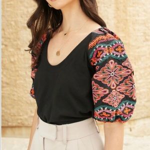 THML Black Embroidered Puff Sleeve Scoop Neck Blouse Shirt Size Small